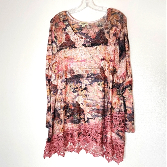 One World Live & Let Live Floral Long Sleeve Tunic with Lace Hem - Picture 1 of 9